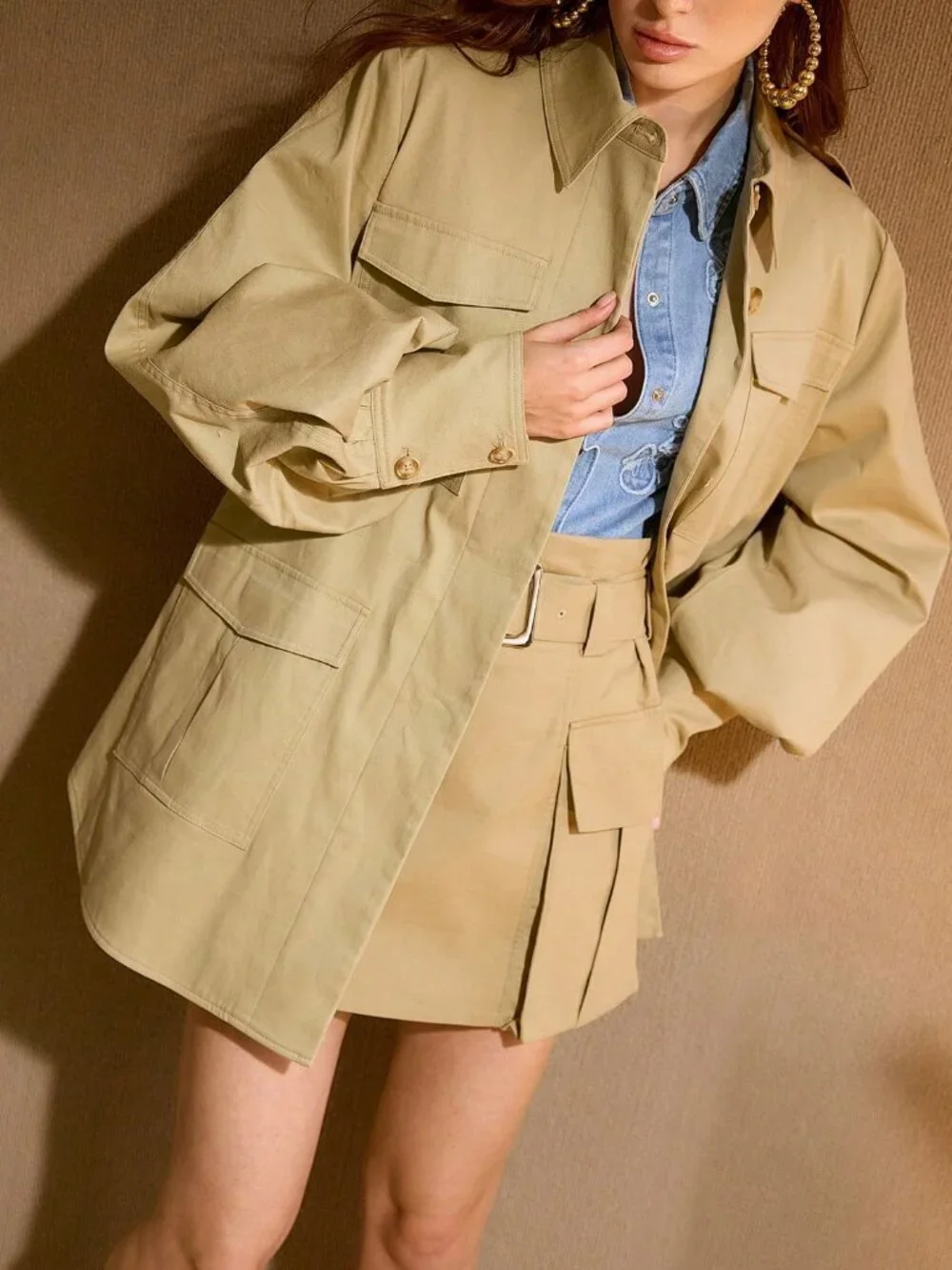 Khaki Casual Women's Oversized Pocket Cotton Trench Coat - Picture 6 of 7